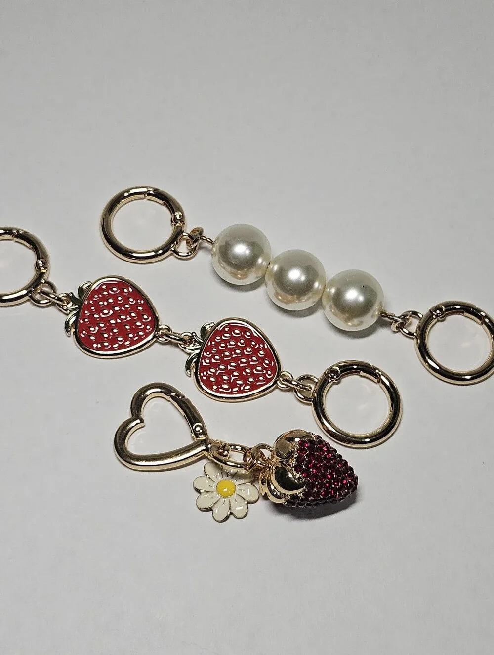 Luxury Rhinestone Strawberry & Pearl Gold Bag Charm Keychain Set - 3 Pcs